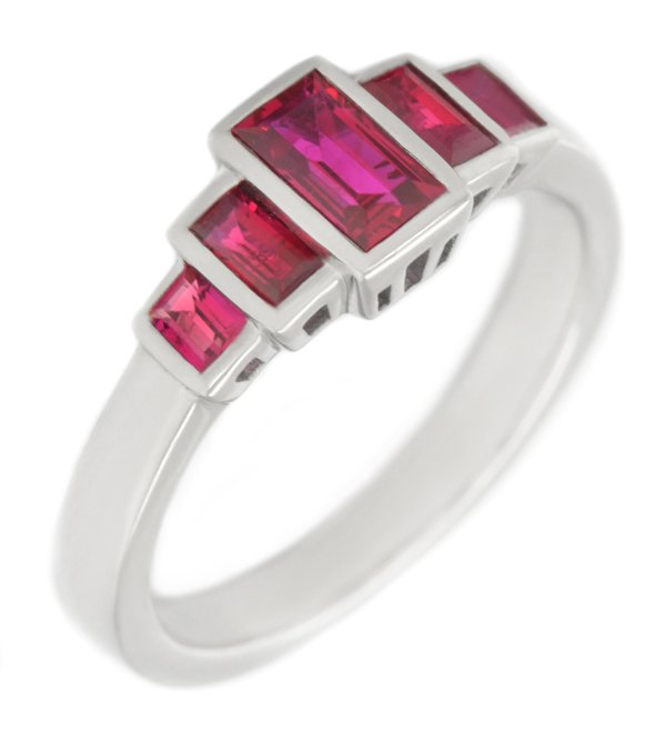classic Art Deco style half eternity Ruby ring baguette cut rubies rubover 5 five stone designer platinum gold