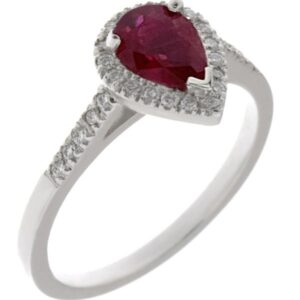 Vintage style classic pear shape Ruby & round diamond claw halo cluster engagement ring gold platinum