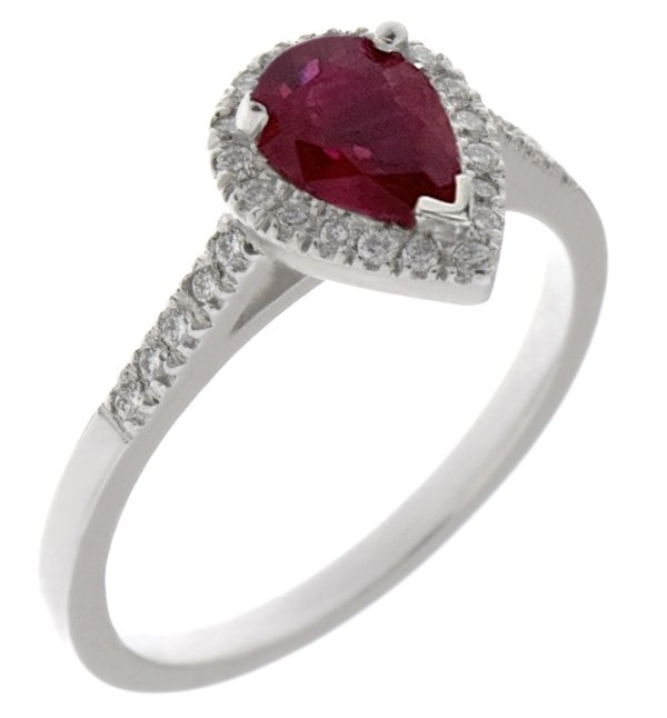 Vintage style classic pear shape Ruby & round diamond claw halo cluster engagement ring gold platinum
