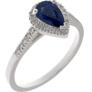 Vintage style classic pear shape blue sapphire & round diamond claw halo cluster engagement ring gold platinum