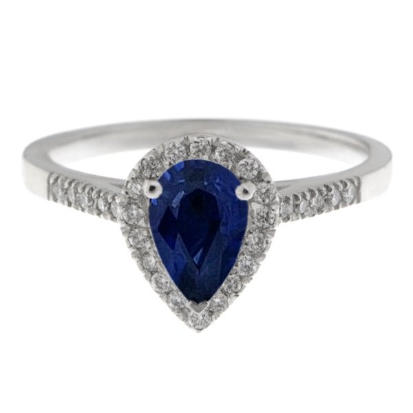 Vintage style classic pear shape blue sapphire & round diamond claw halo cluster engagement ring gold platinum