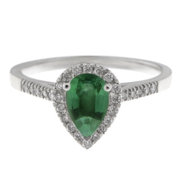 Vintage style classic pear shape green emerald & round diamond claw halo cluster engagement ring gold platinum