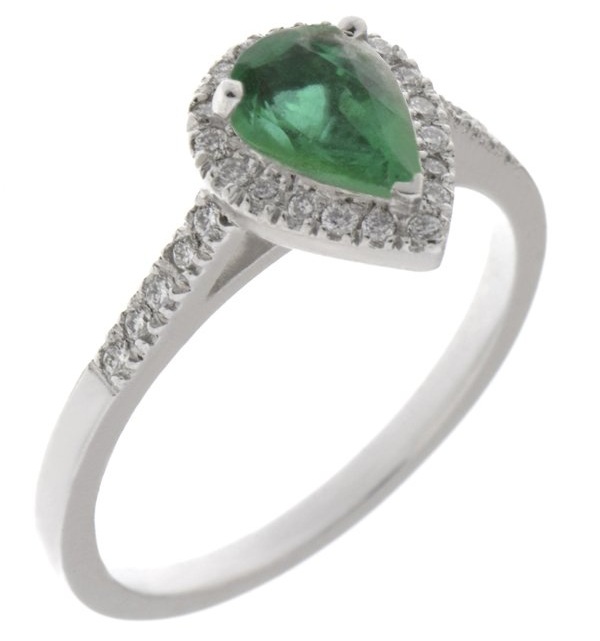 Vintage style classic pear shape green emerald & round diamond claw halo cluster engagement ring gold platinum
