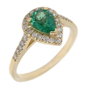 Vintage style classic pear shape green emerald & round diamond claw halo cluster engagement ring gold platinum