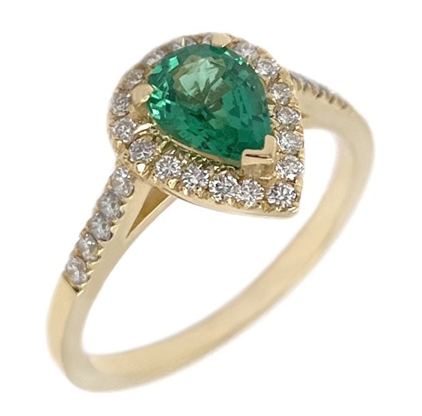 Vintage style classic pear shape green emerald & round diamond claw halo cluster engagement ring gold platinum