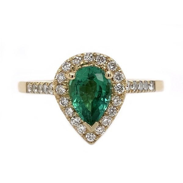 Vintage style classic pear shape green emerald & round diamond claw halo cluster engagement ring gold platinum