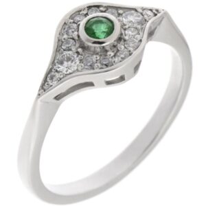 classic 1920's art deco design Emerald cluster ring rubover grain set surround round brilliant cut diamonds platinum gold