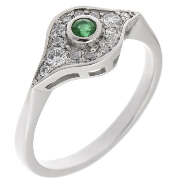 classic 1920's art deco design Emerald cluster ring rubover grain set surround round brilliant cut diamonds platinum gold