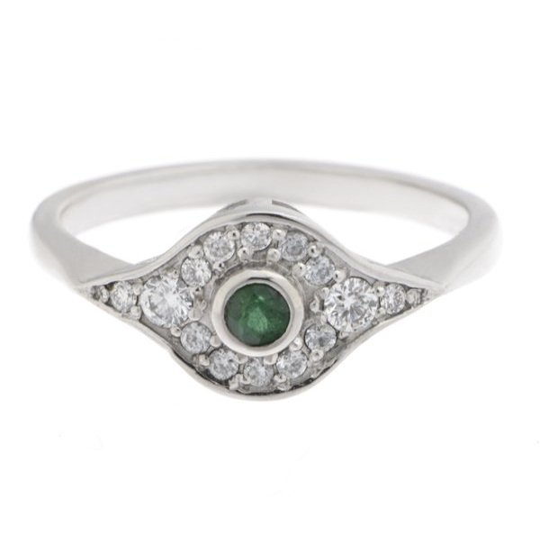 classic 1920's art deco design Emerald cluster ring rubover grain set surround round brilliant cut diamonds platinum gold