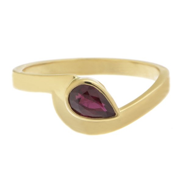 Modern pear shape Ruby solitaire engagement ring modernist contemporary rubover setting crossover design platinum gold