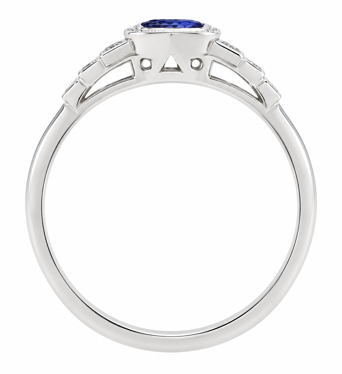 Classic 1920's art deco style engagement ring round blue sapphire hexagon set diamond stepped shoulders platinum gold