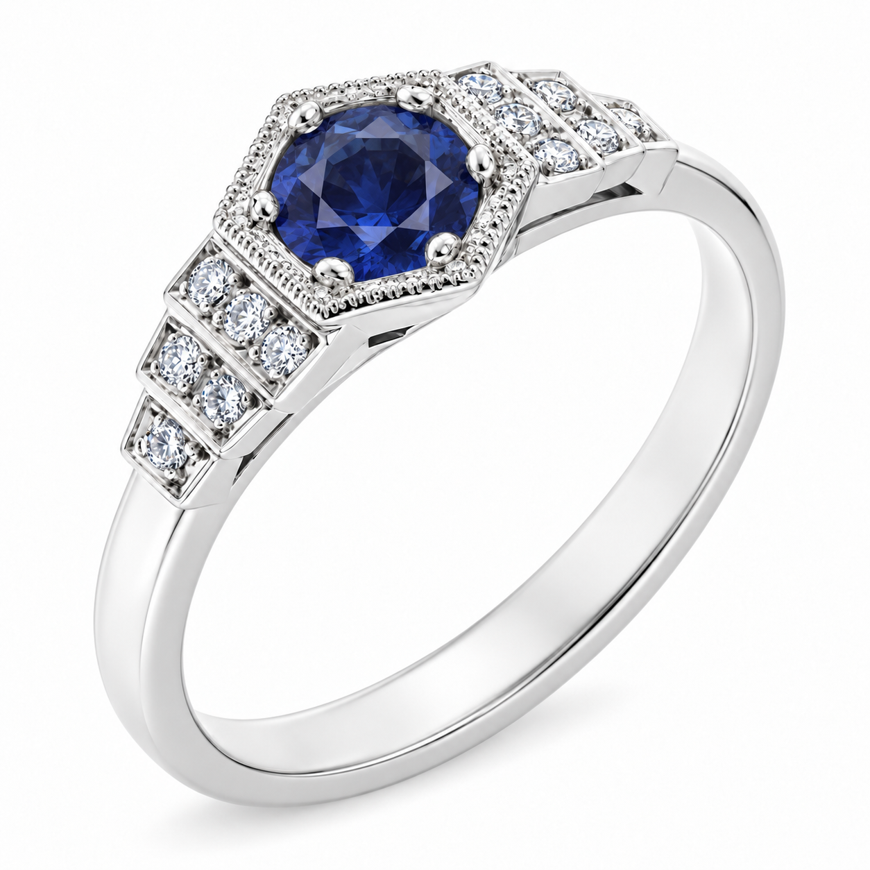 Classic 1920's art deco style engagement ring round blue sapphire hexagon set diamond stepped shoulders platinum gold
