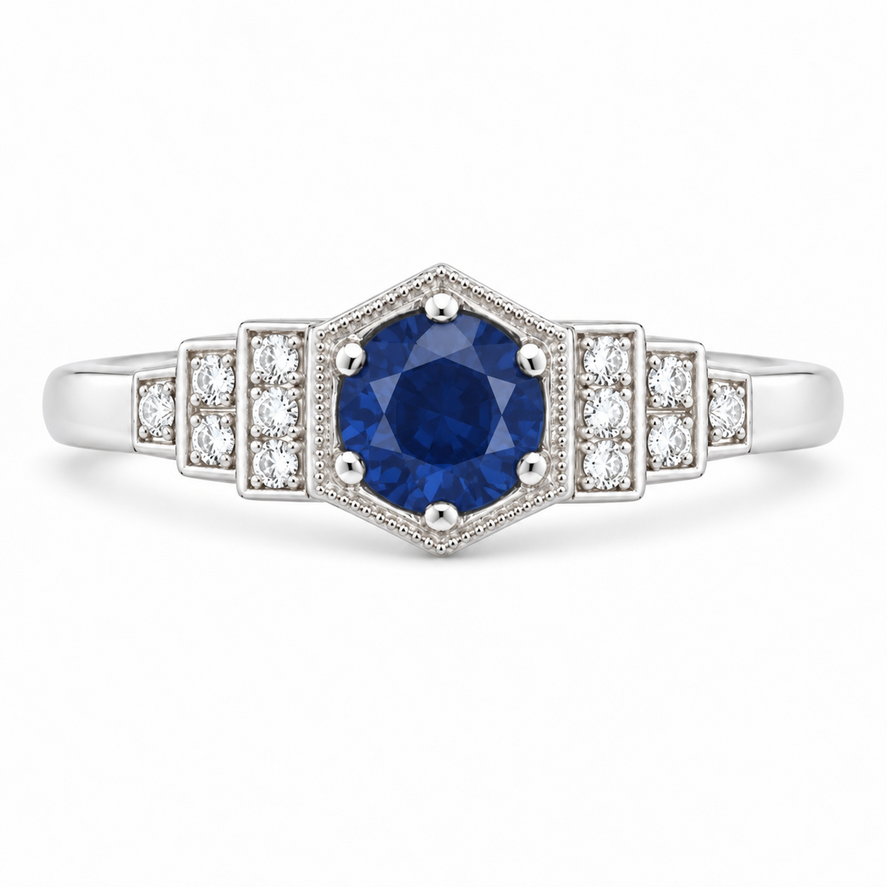 Classic 1920's art deco style engagement ring round blue sapphire hexagon set diamond stepped shoulders platinum gold