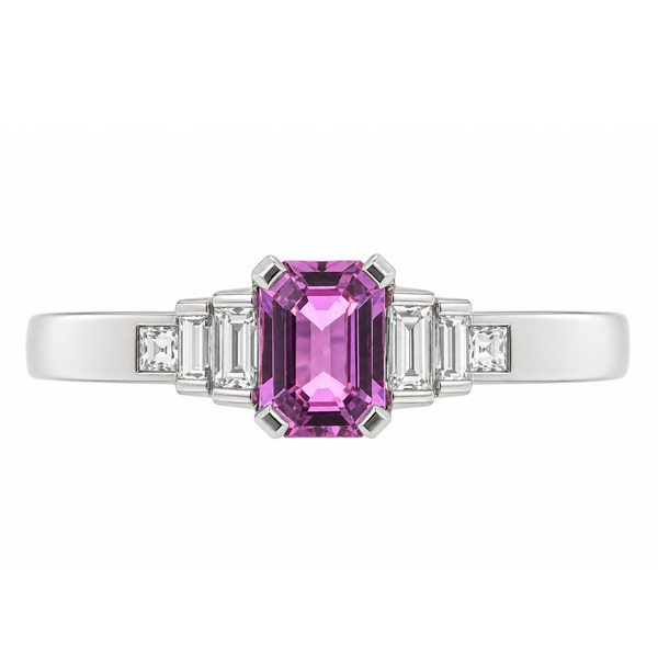 1920's Art Deco style ring octagon shaped emerald step cut purple sapphire stone baguette diamonds shoulders platinum gold