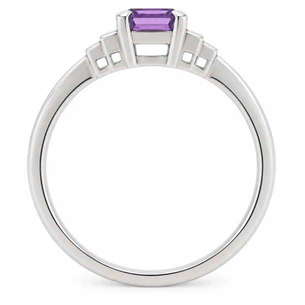 1920's Art Deco style ring octagon shaped emerald step cut purple sapphire stone baguette diamonds shoulders platinum gold