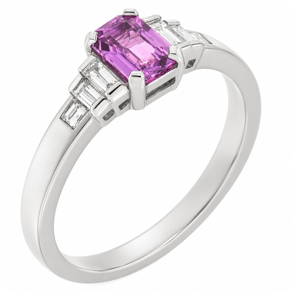 1920's Art Deco style ring octagon shaped emerald step cut purple sapphire stone baguette diamonds shoulders platinum gold