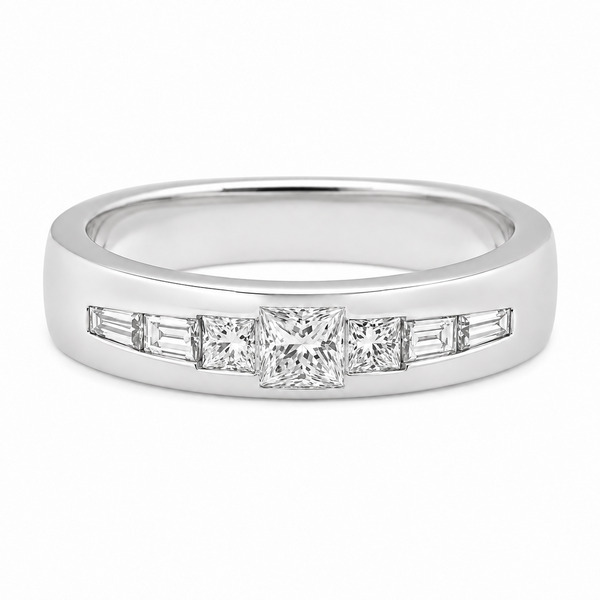 Classic 1920's Art Deco style half eternity style ring princess cut diamond baguette diamonds platinum gold