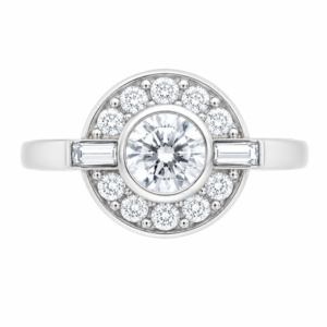 Classic 1920's 1930's Art Deco style cluster design ring round diamond baguette diamonds halo platinum gold