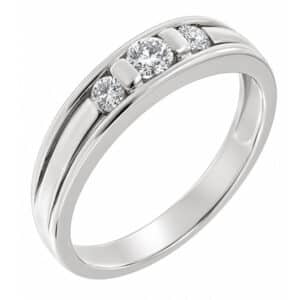 Modernist Art Deco style bar set round brilliant cut diamond trilogy ring modern contemporary Platinum Gold