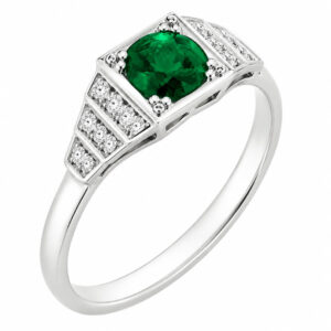 classic 1920's art deco style engagement ring round green Emerald diamond square diamonds stepped platinum gold
