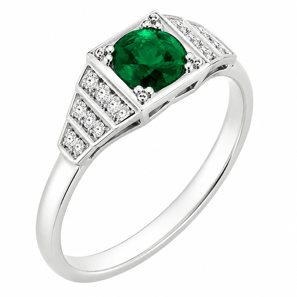 classic 1920's art deco style engagement ring round green Emerald diamond square diamonds stepped platinum gold
