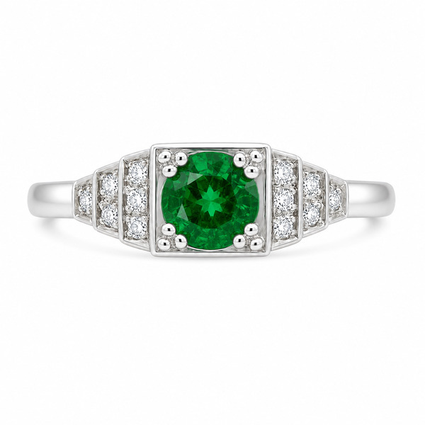 classic 1920's art deco style engagement ring round green Emerald diamond square diamonds stepped platinum gold