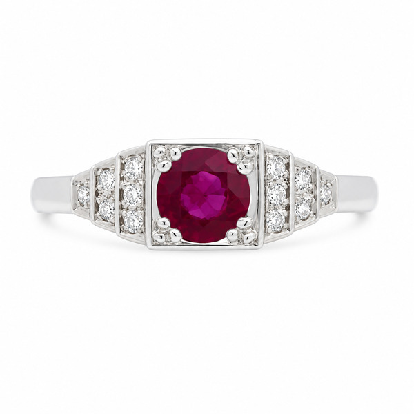 classic 1920's art deco style engagement ring round Ruby diamond square diamonds stepped platinum gold