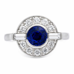 Classic 1920's 1930's Art Deco style cluster design ring round blue sapphire baguette diamonds halo platinum gold