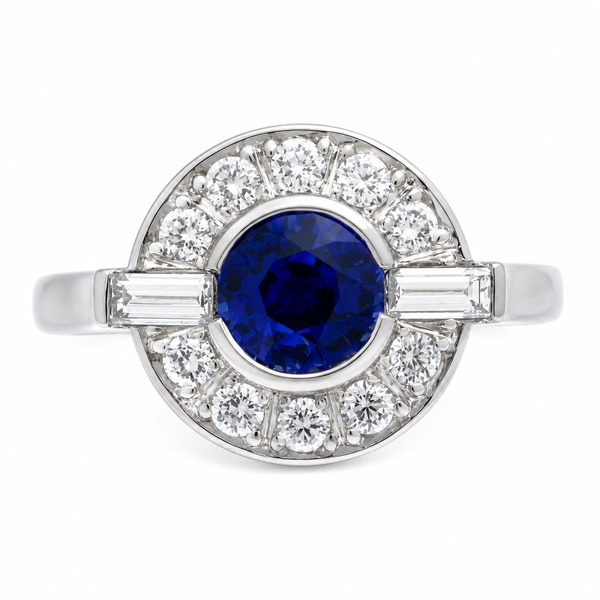 Classic 1920's 1930's Art Deco style cluster design ring round blue sapphire baguette diamonds halo platinum gold