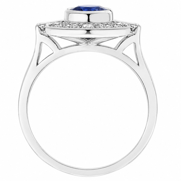 Classic 1920's 1930's Art Deco style cluster design ring round blue sapphire baguette diamonds halo platinum gold