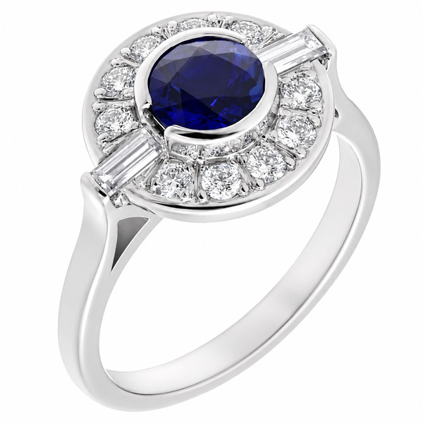 Classic 1920's 1930's Art Deco style cluster design ring round blue sapphire baguette diamonds halo platinum gold