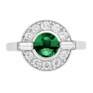 Classic 1920's 1930's Art Deco style cluster design ring round green emerald baguette diamond halo platinum gold