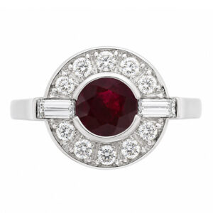 Classic 1920's 1930's Art Deco style cluster design ring round Ruby baguette diamond halo platinum gold