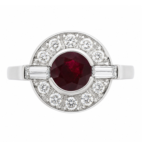 Classic 1920's 1930's Art Deco style cluster design ring round Ruby baguette diamond halo platinum gold
