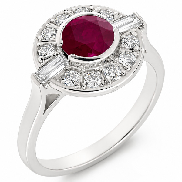 Classic 1920's 1930's Art Deco style cluster design ring round Ruby baguette diamond halo platinum gold
