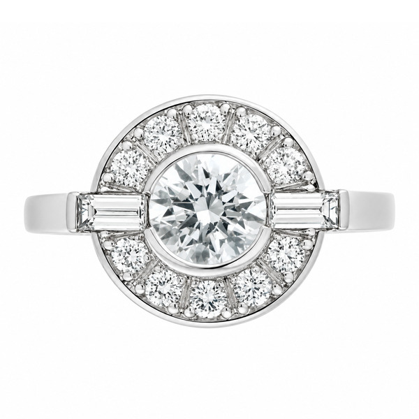 Classic 1920's 1930's Art Deco style cluster design ring round diamond baguette diamonds halo platinum gold