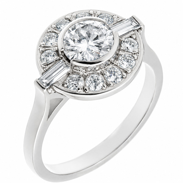 Classic 1920's 1930's Art Deco style cluster design ring round diamond baguette diamonds halo platinum gold