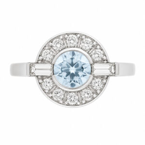 Classic 1920's 1930's Art Deco style cluster design ring round aqua aquamarine baguette diamonds halo platinum gold