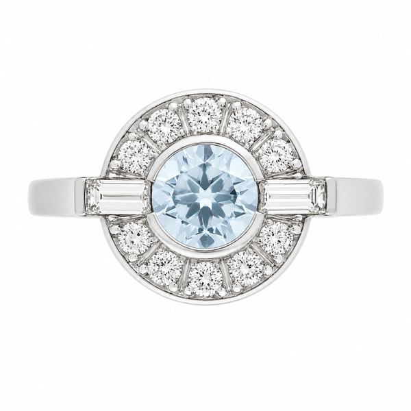 Classic 1920's 1930's Art Deco style cluster design ring round aqua aquamarine baguette diamonds halo platinum gold