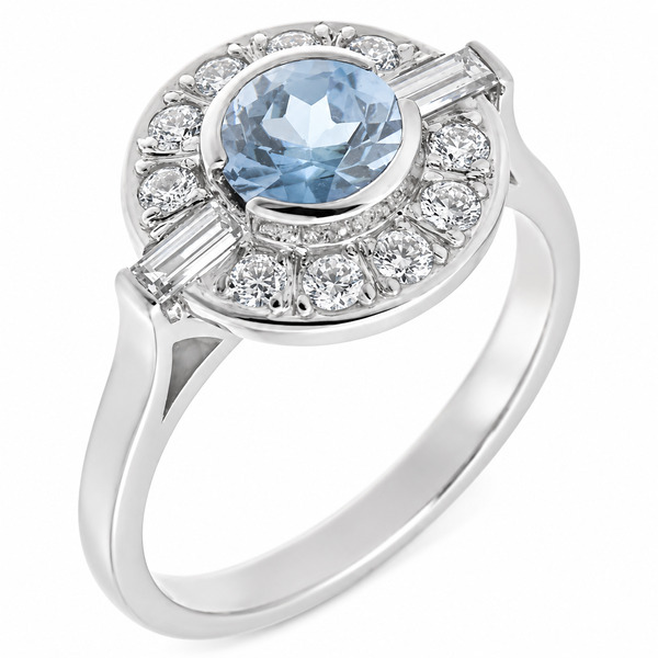 Classic 1920's 1930's Art Deco style cluster design ring round aqua aquamarine baguette diamonds halo platinum gold