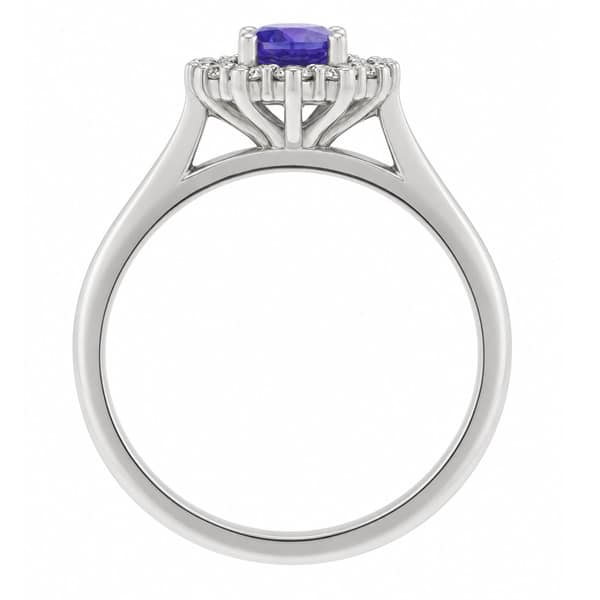 Crystal classic oval shape cut Tanzanite with round brilliant cut diamond halo cluster claw set ring platinum gold