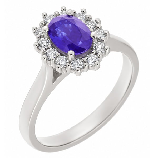 Crystal classic oval shape cut Tanzanite with round brilliant cut diamond halo cluster claw set ring platinum gold