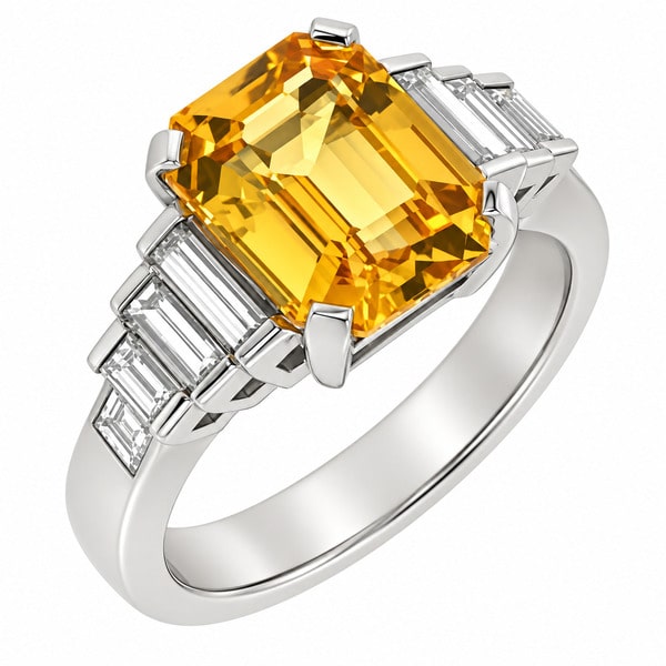 Art Deco style octagon step emerald cut yellow Sapphire baguette Diamond ring Platinum.