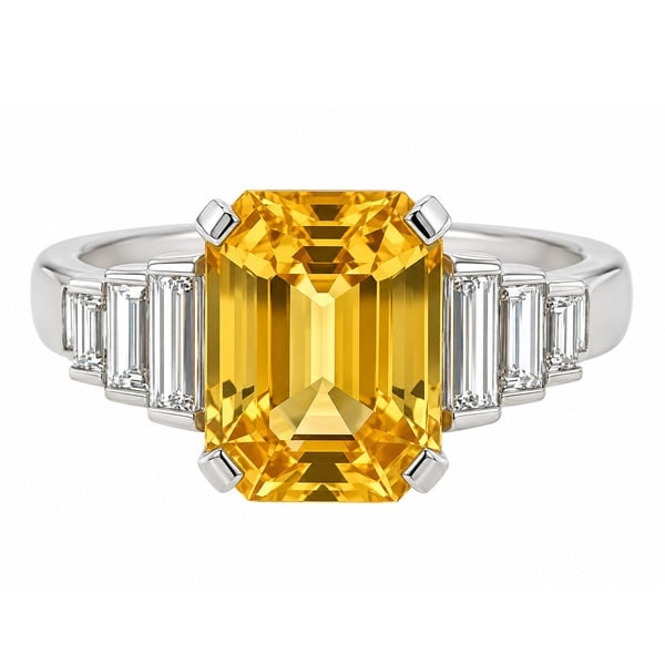 Art Deco style octagon step emerald cut yellow Sapphire baguette Diamond ring Platinum.