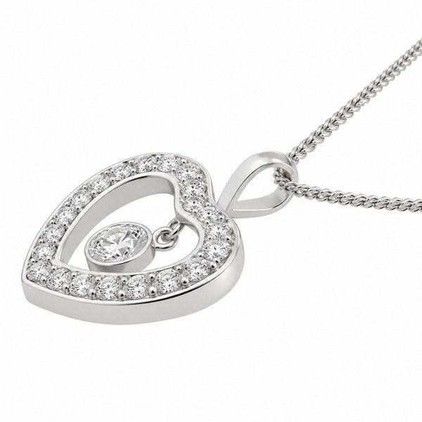 Heart shaped pendant round brilliant cut diamonds solitaire hanging diamond halo bail loop chain white Gold