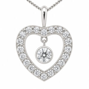 Heart shaped pendant round brilliant cut diamonds solitaire hanging diamond halo bail loop chain white Gold