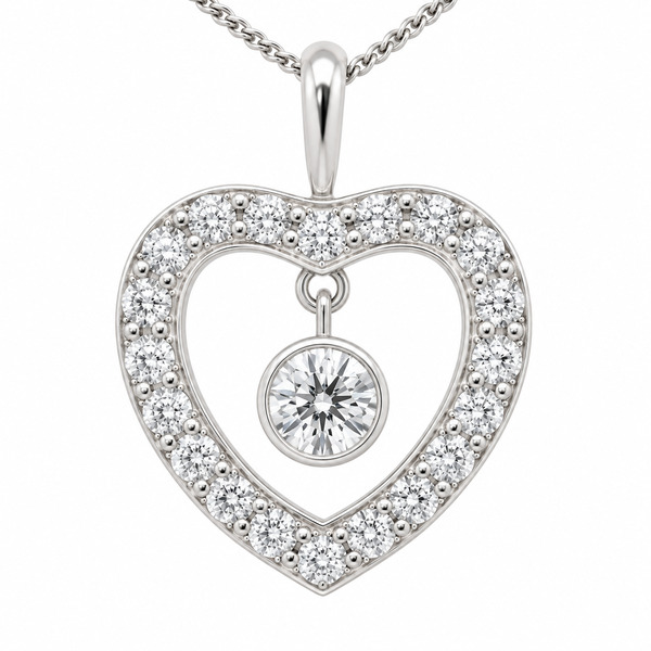 Heart shaped pendant round brilliant cut diamonds solitaire hanging diamond halo bail loop chain white Gold