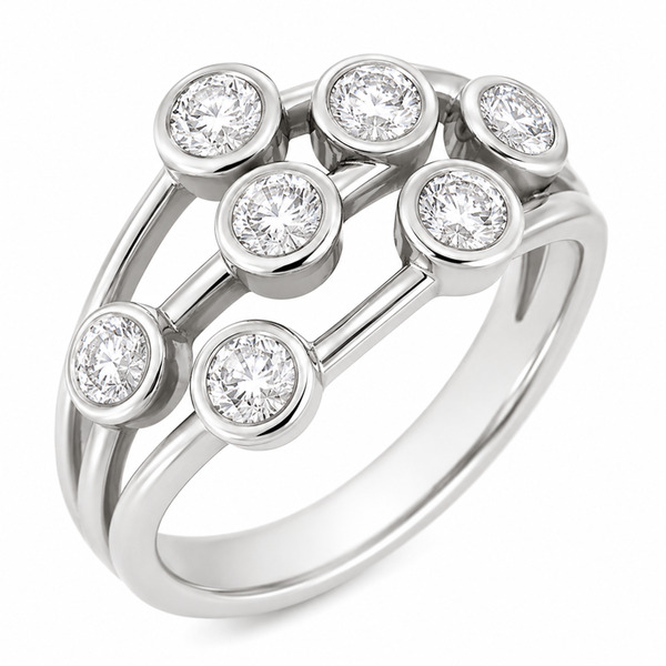 Modern contemporary organic scatter bubble style cluster ring rubbed over round brilliant cut diamond platinum gold