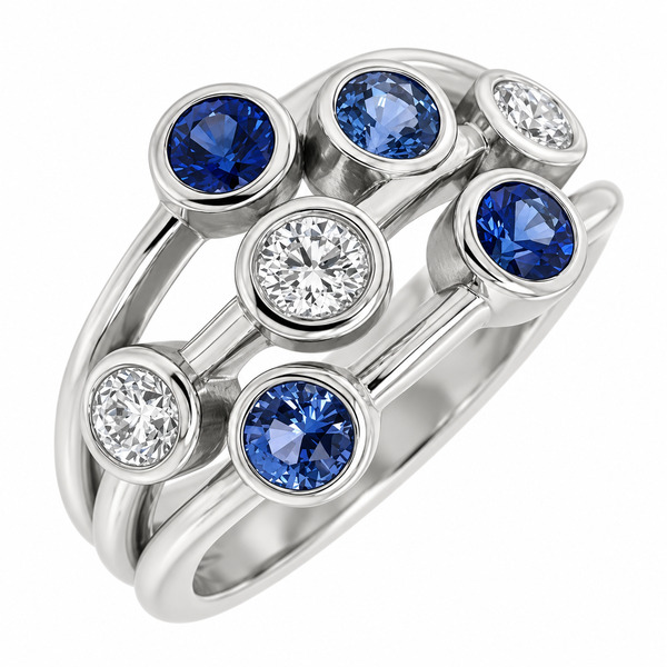 Modern contemporary organic scatter style cluster ring rubbed over round blue sapphires round brilliant cut diamonds platinum gold