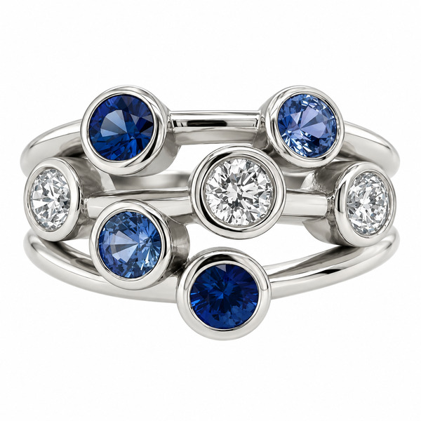 Modern contemporary organic scatter style cluster ring rubbed over round blue sapphires round brilliant cut diamonds platinum gold